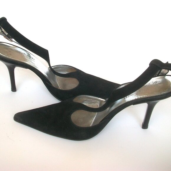 Share Vintage Donald J.Pliner Pointy Black Suede T-Strap High Heel Pumps 8M - Picture 1 of 8